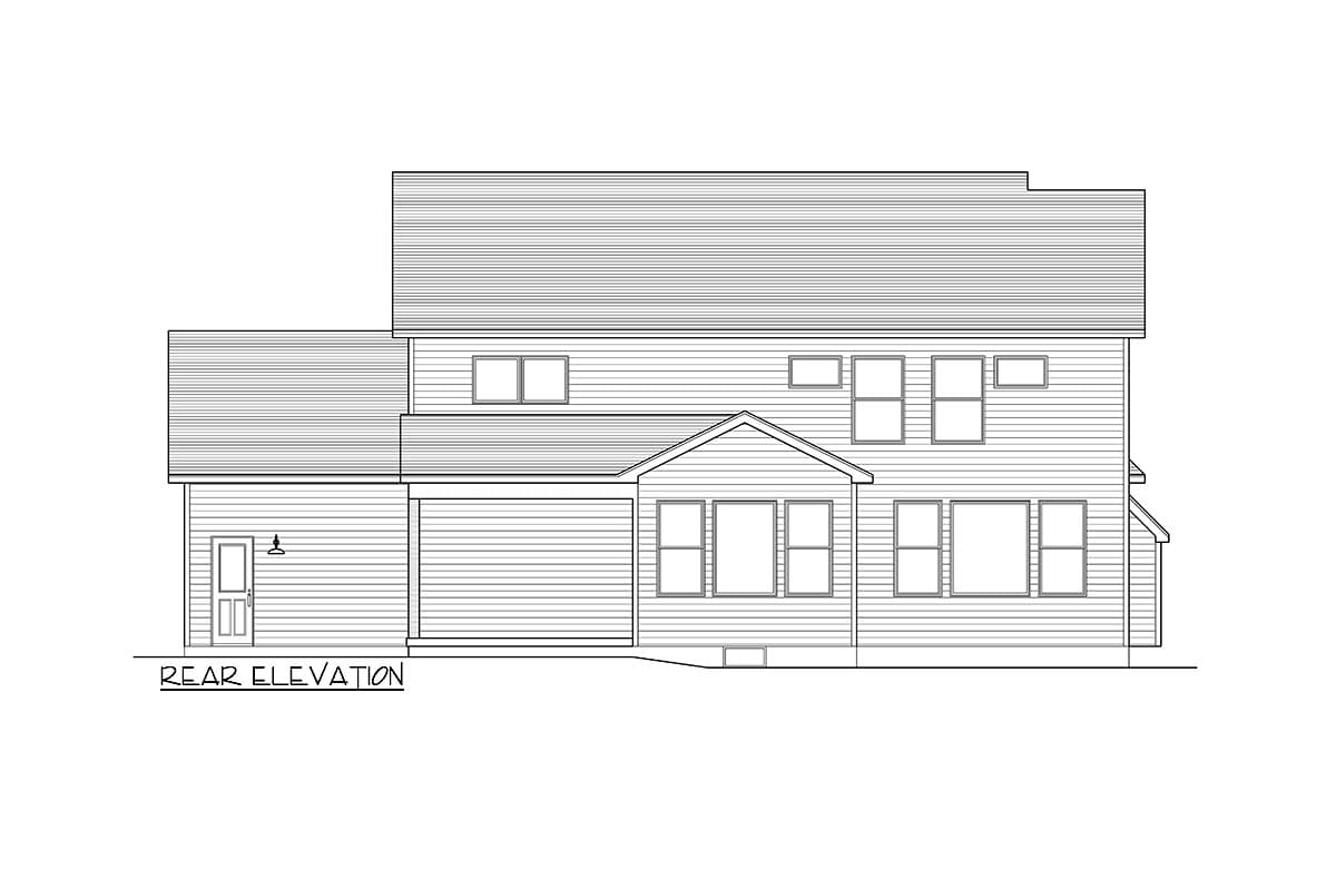 Rear elevation drawing of a two-story house plan with multiple windows, a covered porch, and a side door.