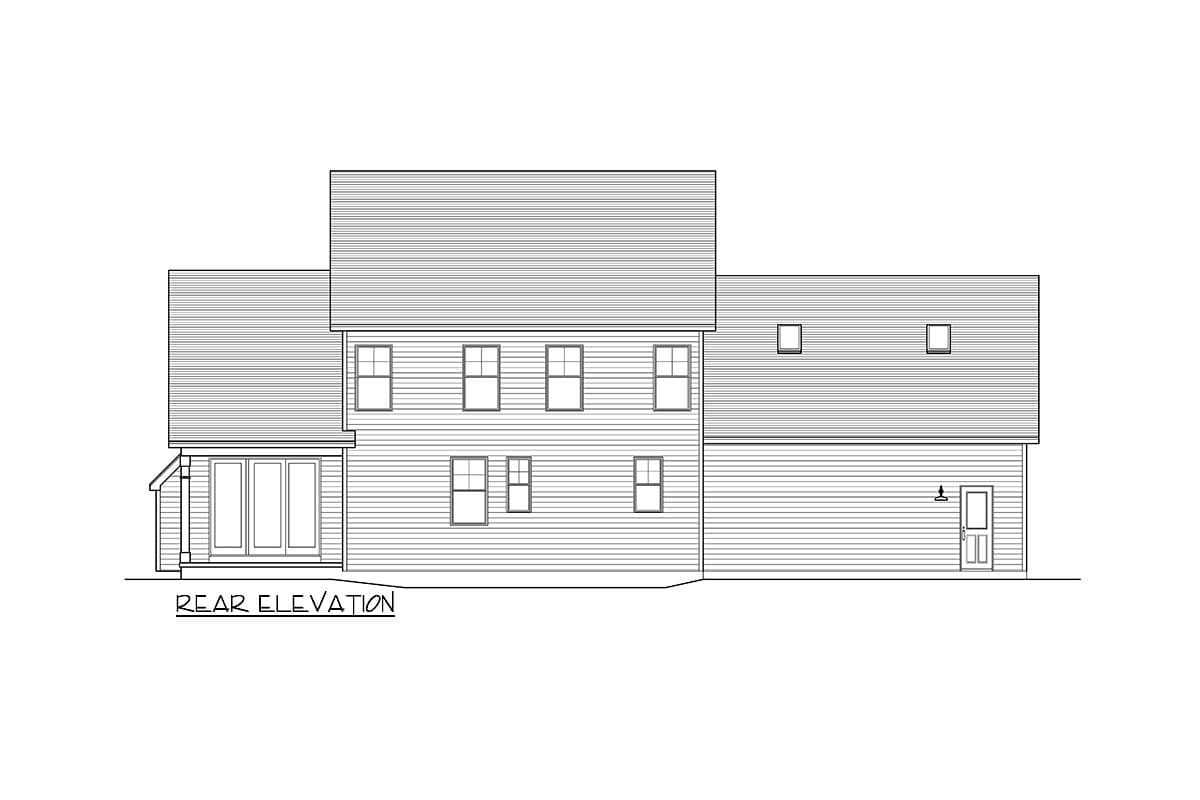 Rear elevation drawing of a two-story house with a garage, multiple windows, and a tri-fold door.