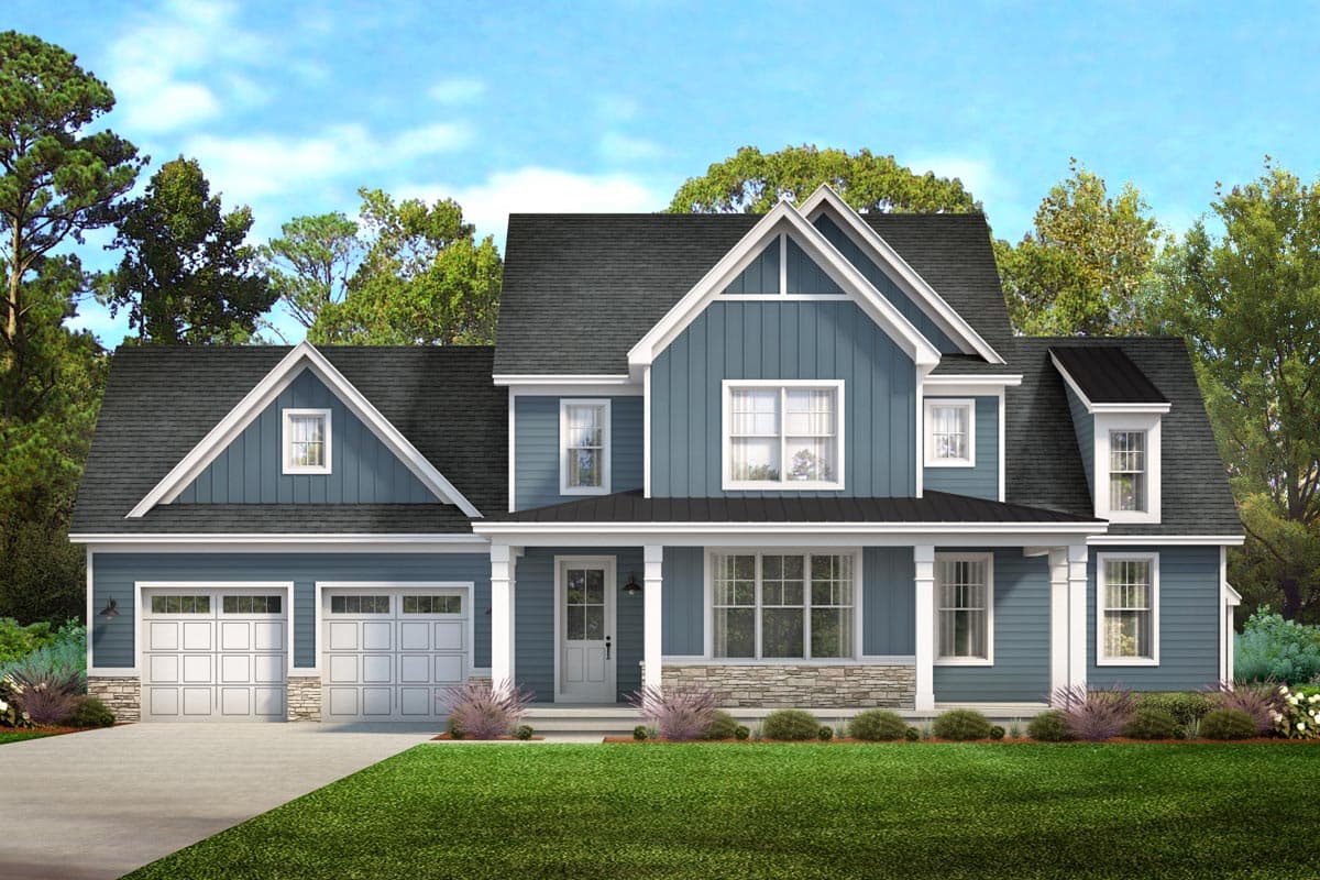 House plan exterior featuring a two-story farmhouse style, front porch, gables, dormers, and an attached garage.