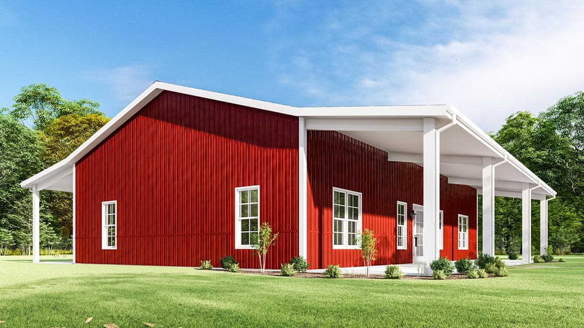 House plan exterior: Red vertical metal siding, gable roof, and covered porch with white columns. One-story.