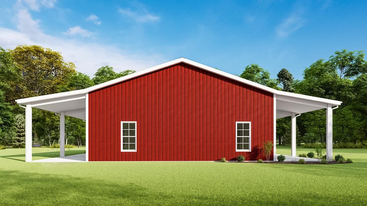 House plan exterior view of a one-story building with red metal siding, white trim, a gable roof, and a covered porch on each side.
