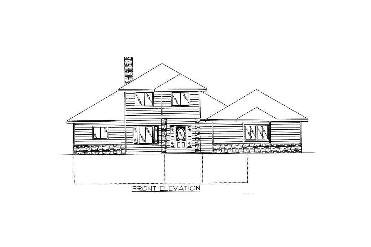 Front elevation drawing of a two-story house with siding and stone accents, featuring a prominent front entrance and prominent gables.
