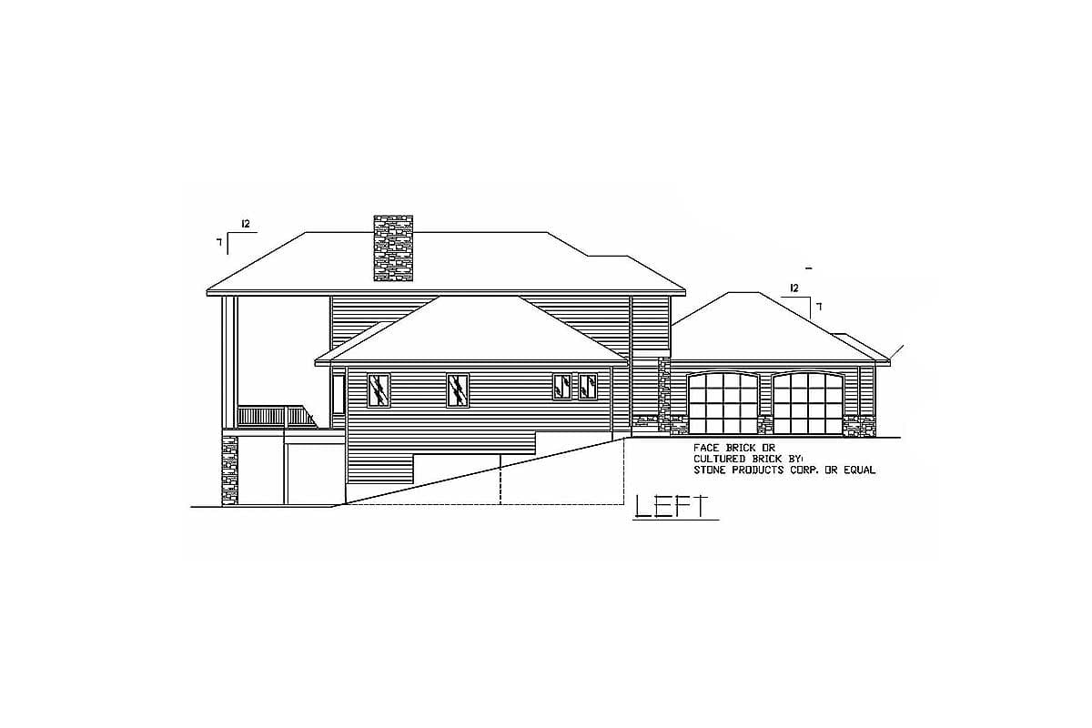 Left elevation house plan: two stories, gabled roof, chimney, covered porch, and attached two-car garage.