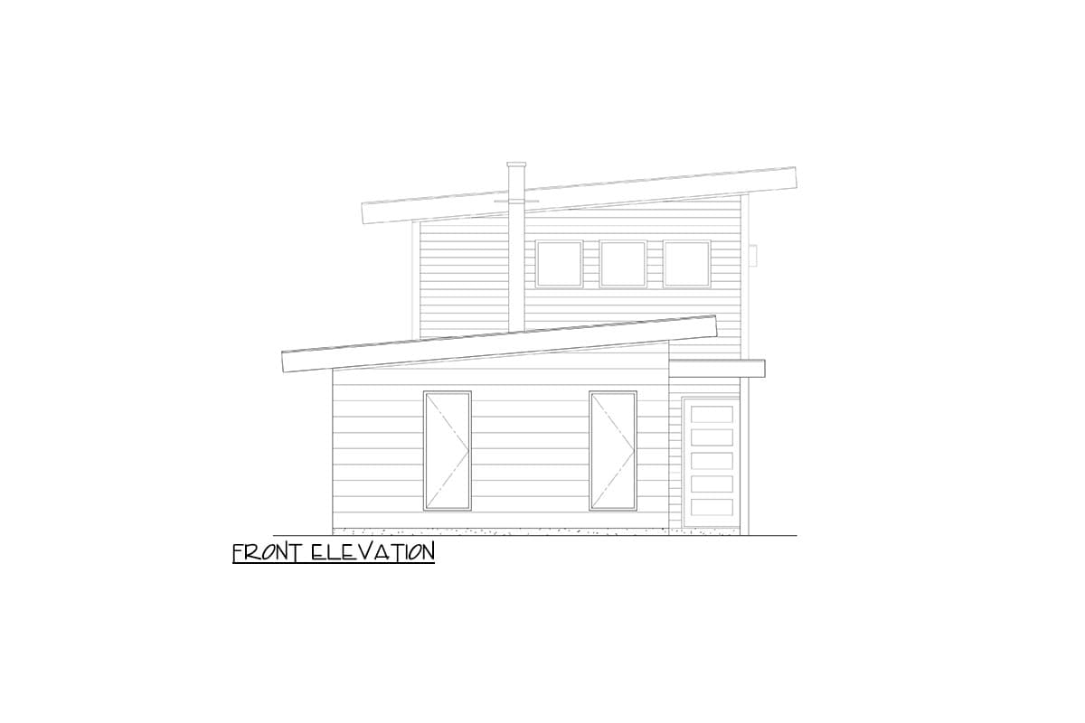 Front elevation drawing of a two-story house with a sloped roof, horizontal siding, and multiple windows.