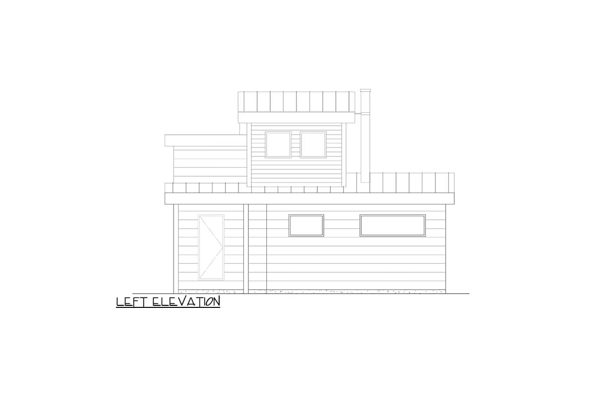 Left elevation drawing of a two-story house with horizontal siding, a door, and multiple rectangular windows.