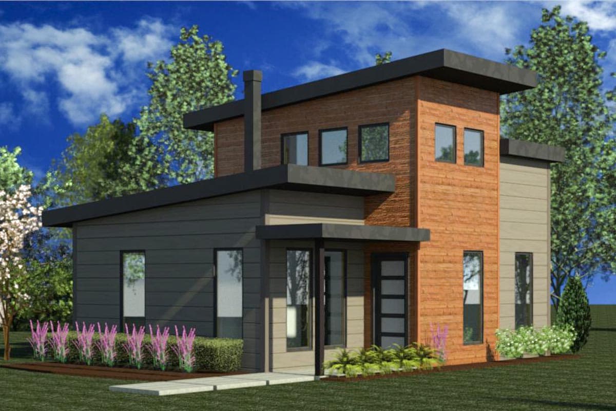 Modern house plan exterior with two stories. Features include a flat roof, wood siding accent, and a covered entry. Tall chimney.