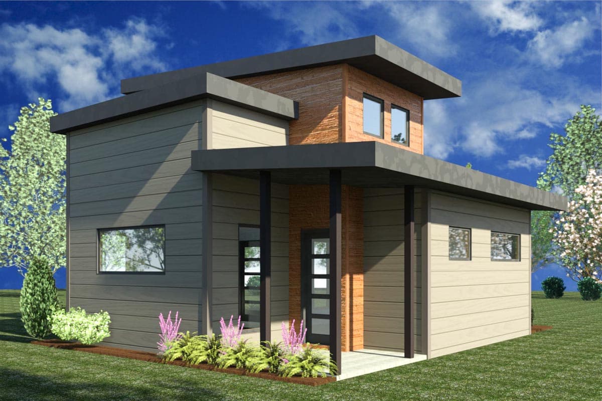 Modern two-story house plan exterior with flat rooflines, horizontal siding, wood accents, and covered entry.