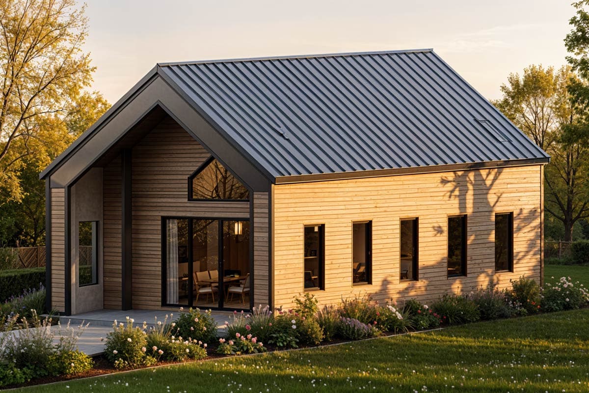 House plan exterior. Modern style with a single gable roof. Features include a triangular window, wood siding, and multiple rectangular windows.