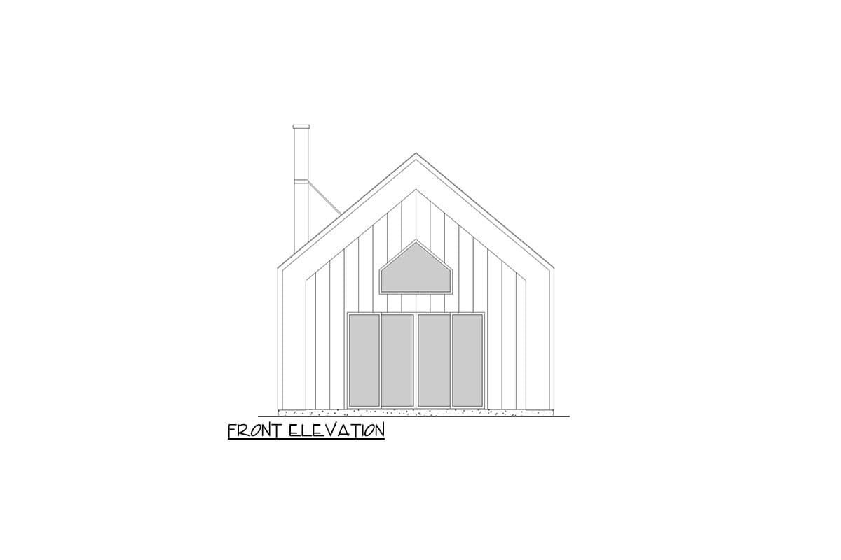 Front elevation drawing of a modern house plan with a prominent gable roof, vertical siding, large multi-panel doors, and a transom window.