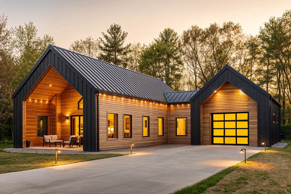 House plan exterior with modern style, one story, and a low-pitched gable roof. Features include large windows and a glass garage door.