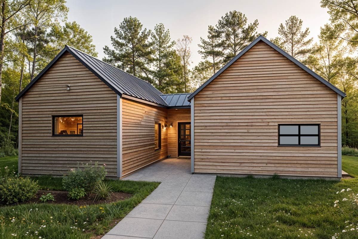 Modern house plan exterior with gabled rooflines, vertical siding, and a linear arrangement of windows.