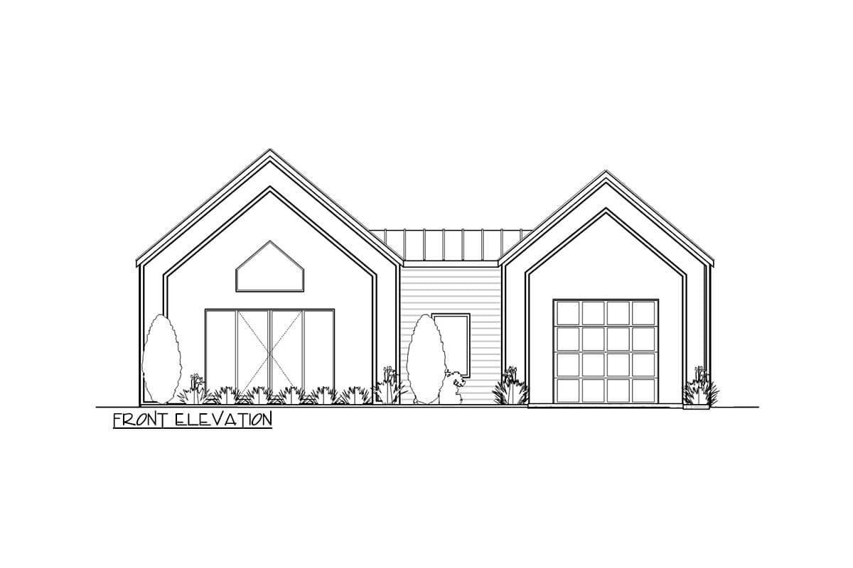 Front elevation of a house plan with a symmetrical gable roofline, glass double doors, and a single garage door.