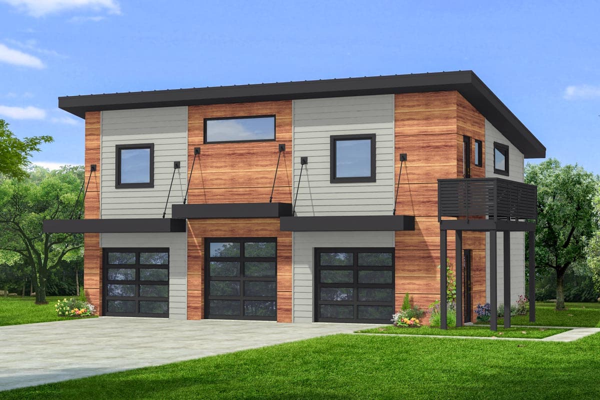 House plan exterior. Two-story Modern style with horizontal siding and wood cladding. Features include three-car garage, flat roof, and balcony.