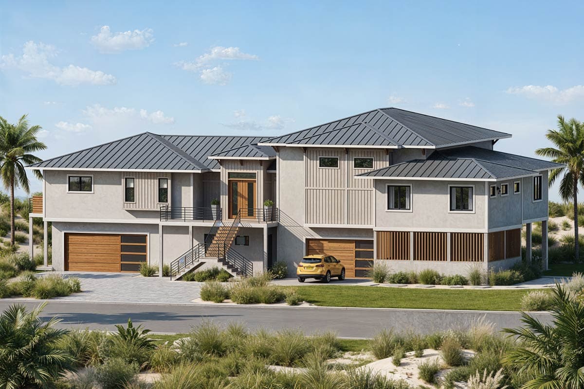 House plan exterior: Modern style, two-story residence with metal roof, multiple gables, and elevated living spaces.