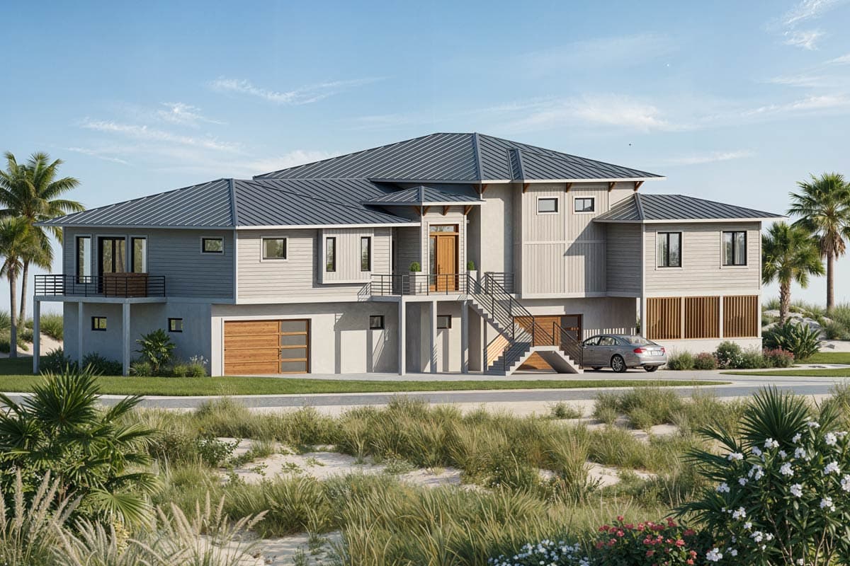 Modern two-story house plan exterior with metal roof, balconies, two-car garage, and elevated entry stairs.