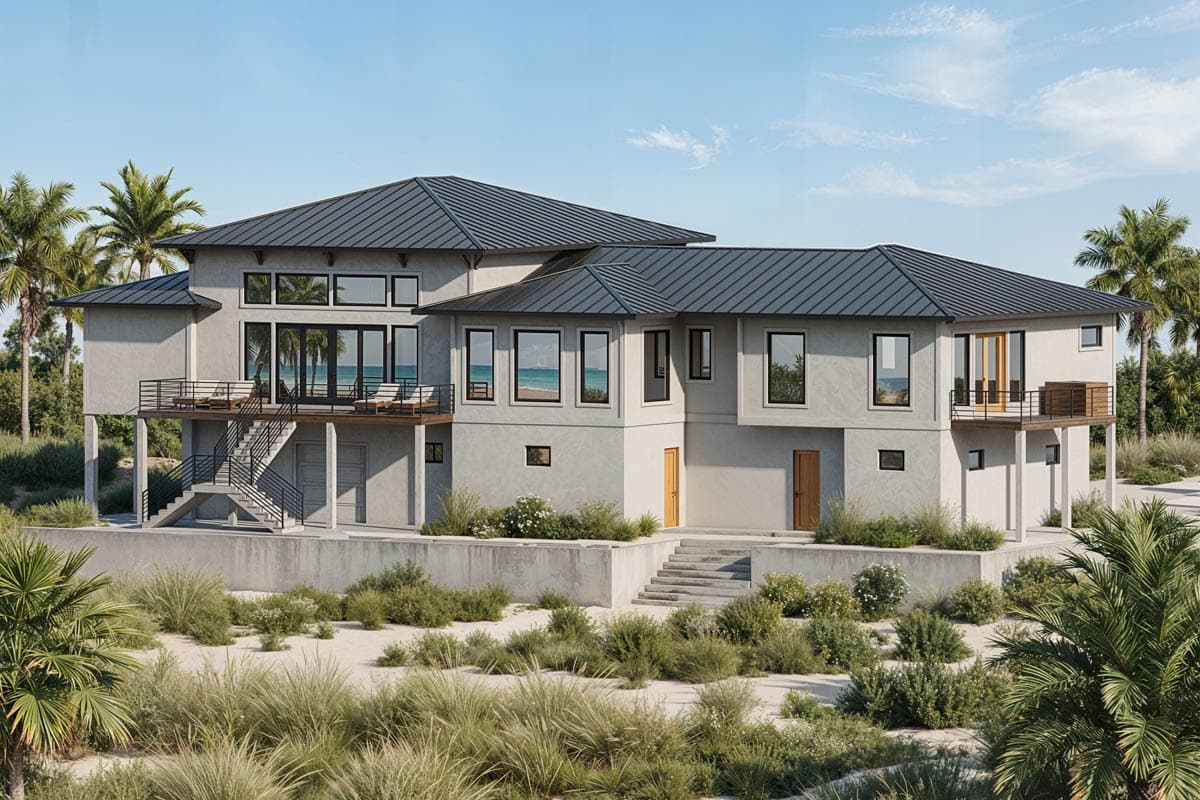House plan exterior: Modern two-story residence with metal roof, balconies, and large windows overlooking the ocean.