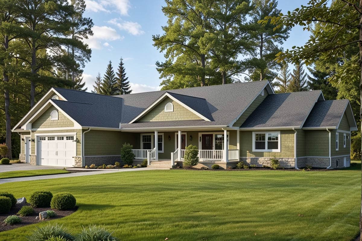 House plan exterior: Ranch style, one story, features a covered front porch, side-entry garage, and stone skirting.