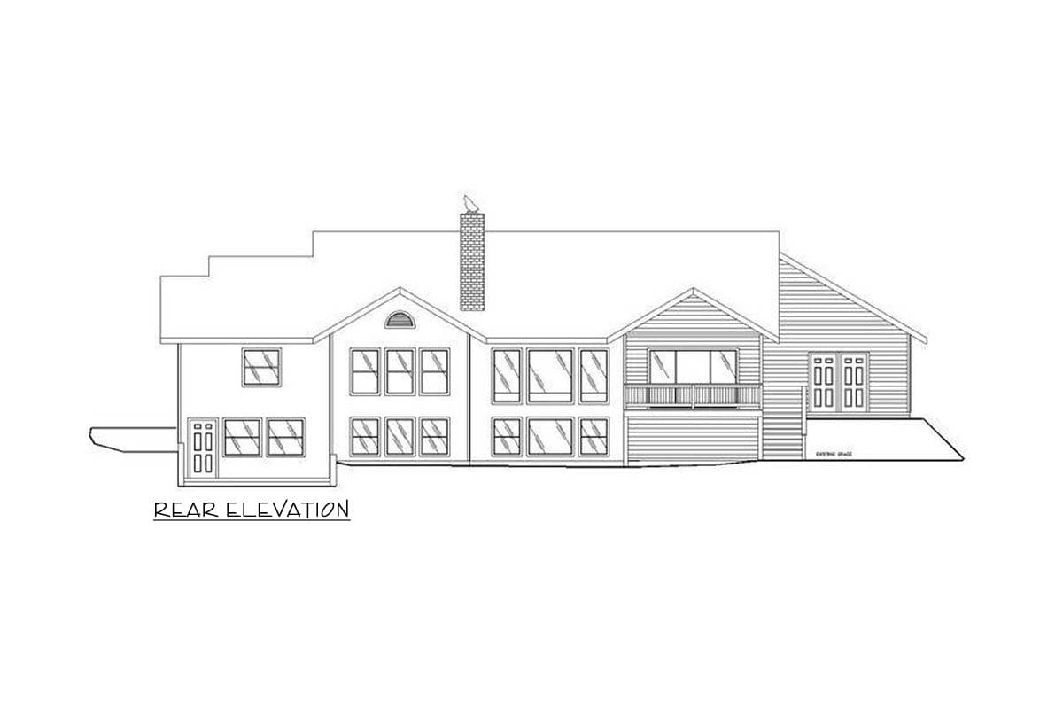 Rear elevation house plan showing a multi-story home with a chimney, multiple windows, a deck, and a garage.