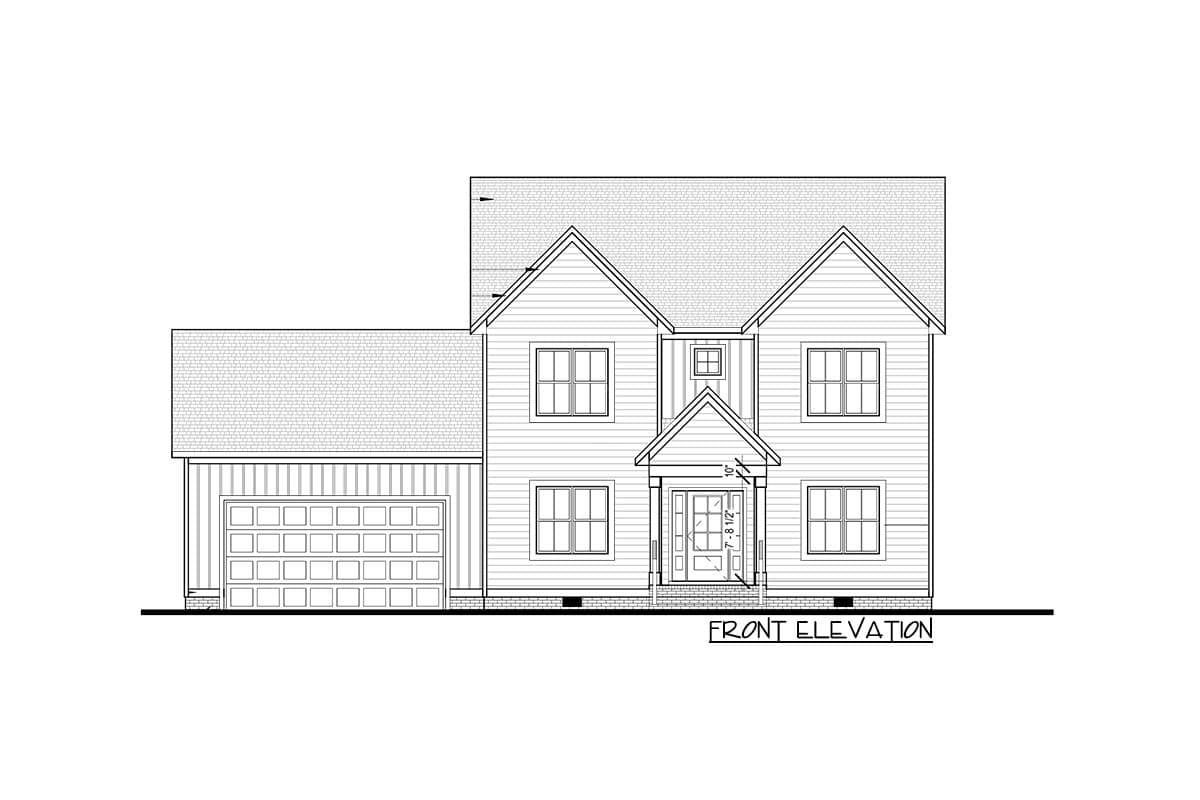 Front elevation drawing of a two-story house plan with a side-entry garage, gabled roofline, and covered front porch.