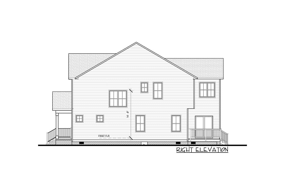 Right elevation drawing of a two-story house plan with gabled roof, double hung windows, and a covered porch.