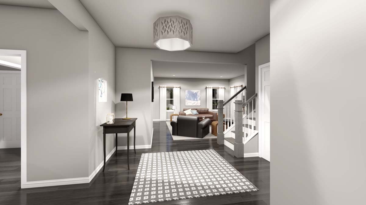 Interior rendering of a house entrance with a staircase, rug, and view into a living room with sofa and chairs.