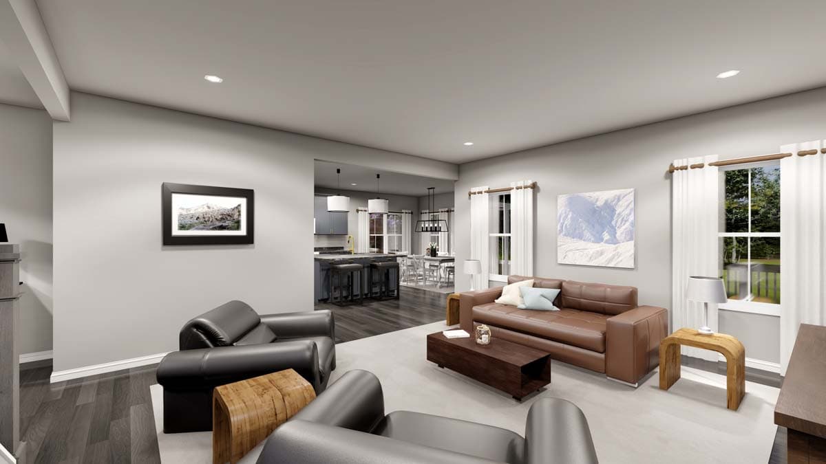 Interior rendering of a living room with an open view to the kitchen. Features leather sofas, a coffee table, and a fireplace.