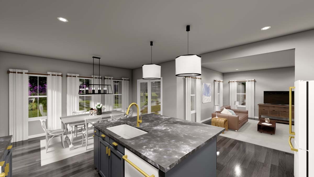 Interior rendering of a kitchen with island and adjacent dining and living areas, featuring modern pendant lights and large windows.