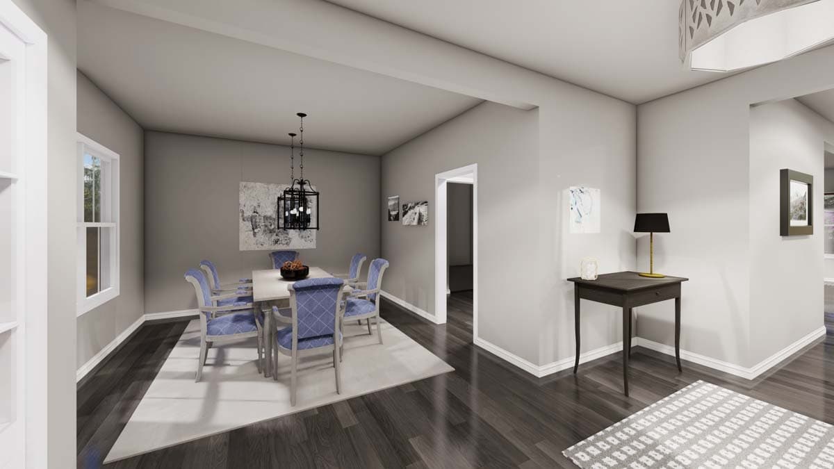 Dining room with table, upholstered chairs, decorative lighting, and adjacent hallway.