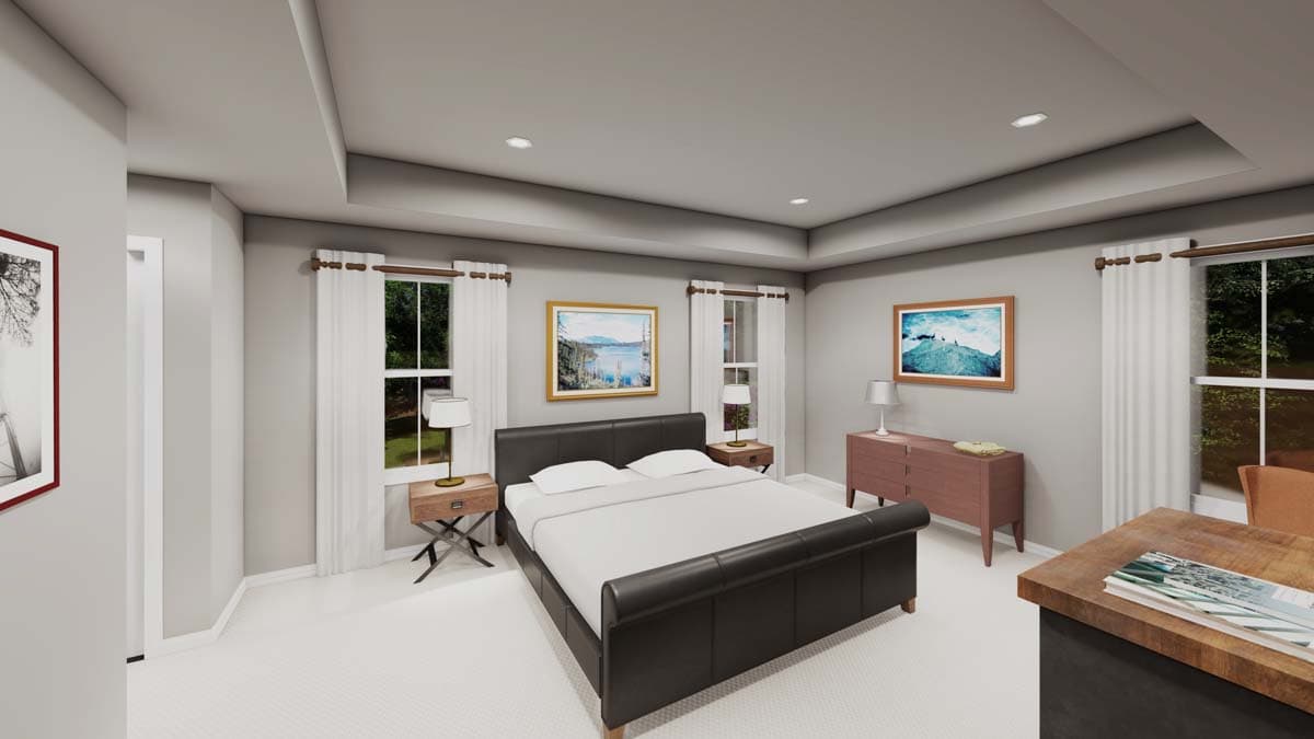 Bedroom rendering with queen bed, tray ceiling with recessed lighting, two windows, and a dresser.