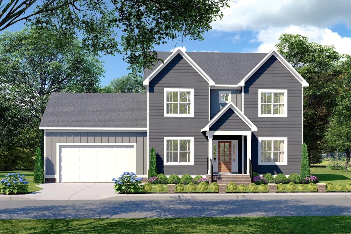 House plan exterior featuring a two-story home with gables, a covered front entry porch, and an attached garage. Horizontal siding is used.