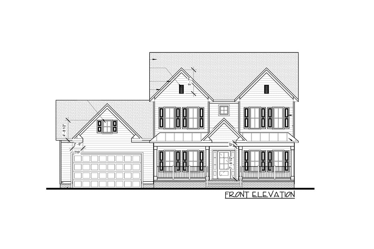 Front elevation house plan with gabled dormers, a covered front porch, and a two-car garage.