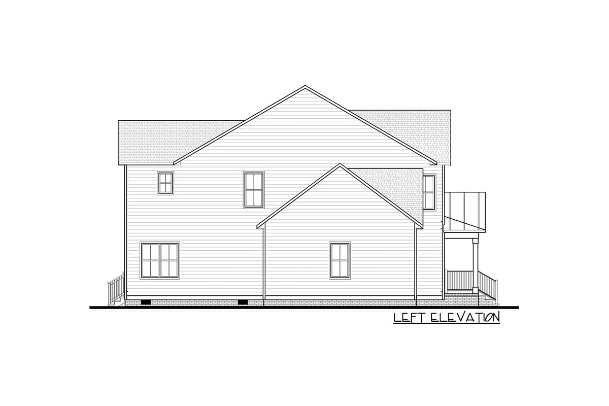 Left elevation of a two-story house plan with gabled roof, double-hung windows, and a small covered porch with railing.