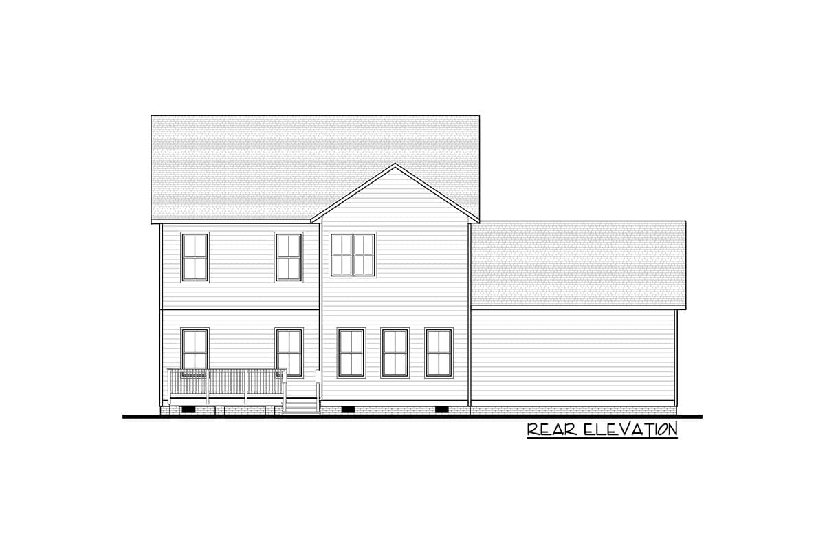 Rear elevation drawing of a two-story house with gabled roof, vinyl siding, multiple windows, and a rear deck.