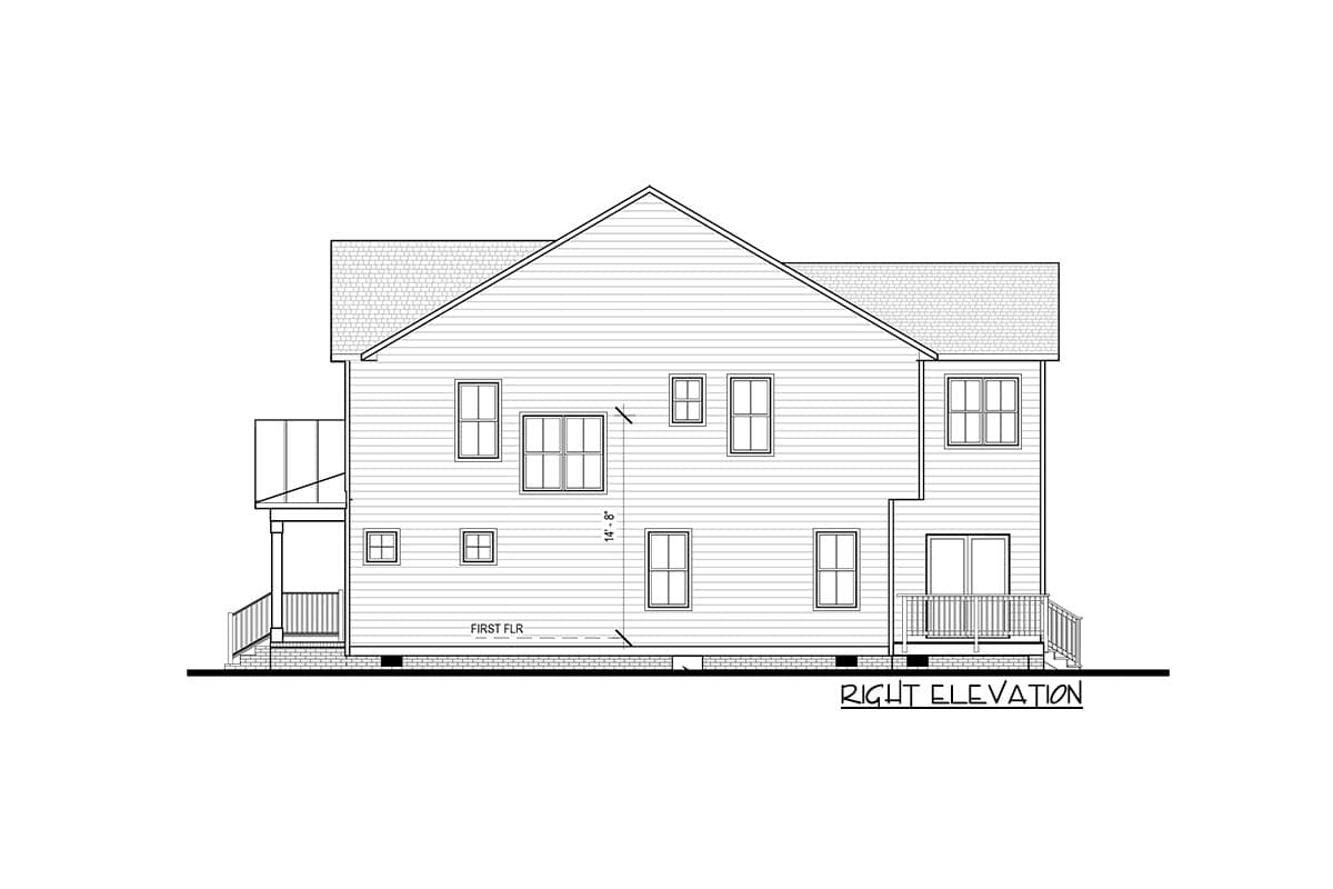 Right elevation house plan: two stories, siding, gable roof, dormer, multiple windows, covered porch, and deck.