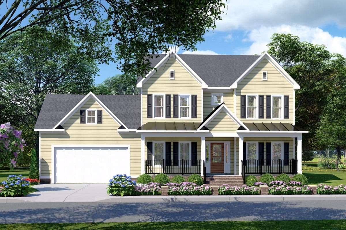 House plan exterior. Two-story Colonial with gabled roof, front porch, and garage. Features include dormers and black shutters.