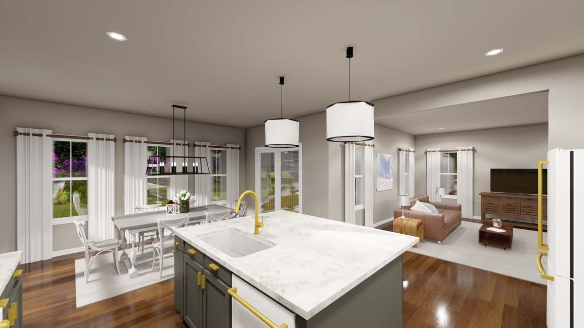 House plan rendering showing an open-concept kitchen with island, dining area, and living room.