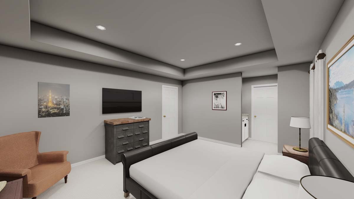 Interior rendering of a primary bedroom featuring a king bed, dresser, armchair, and wall-mounted TV.