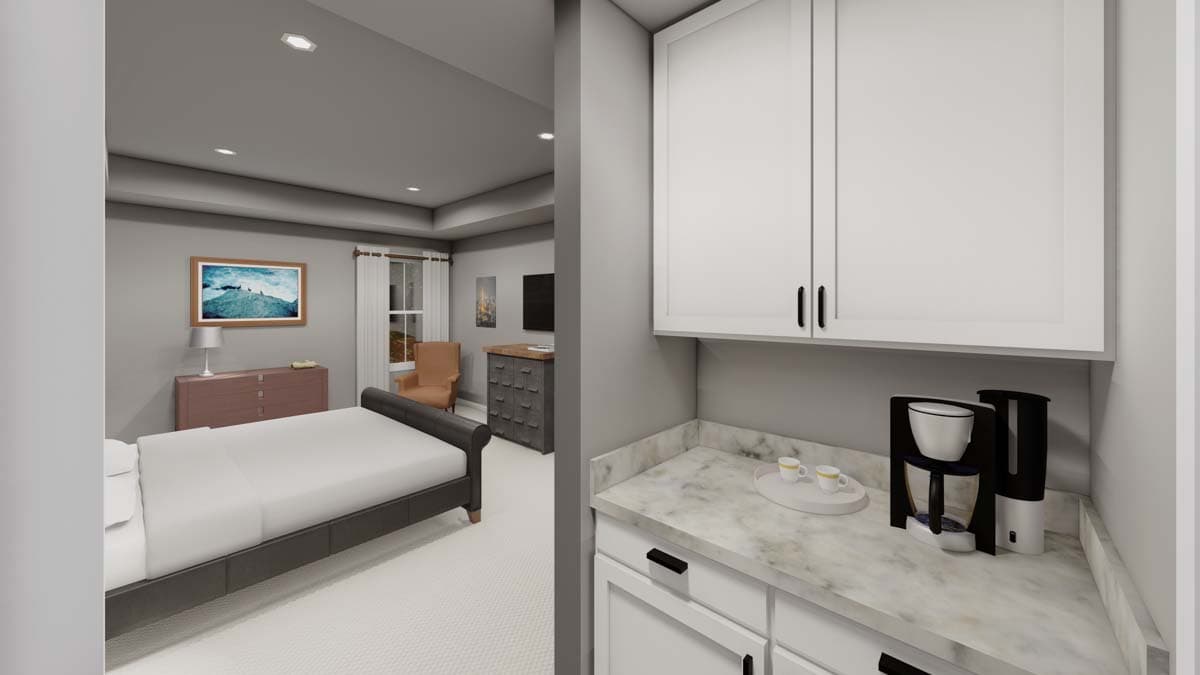 Rendering of a bedroom with a coffee station featuring white cabinets, marble countertop, coffee maker, and a bed.