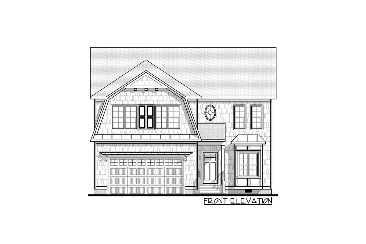 Front elevation drawing of a two-story house plan with a gambrel roof, bay window, and attached garage.