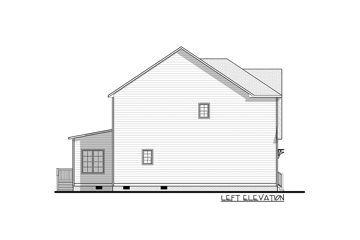 Left elevation drawing of a two-story house with gabled roof, siding, and two windows on the main level.