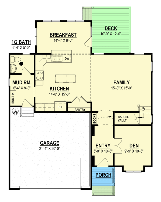 Plan 83644CRW: 2207 Square Foot 4-Bed Gambrel-Style House Plan - Floor Plan - Main Level - Colonial, Country, New American, Traditional