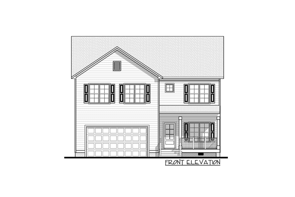Front elevation drawing of a two-story house plan with a two-car garage, gabled roof, and covered front porch.