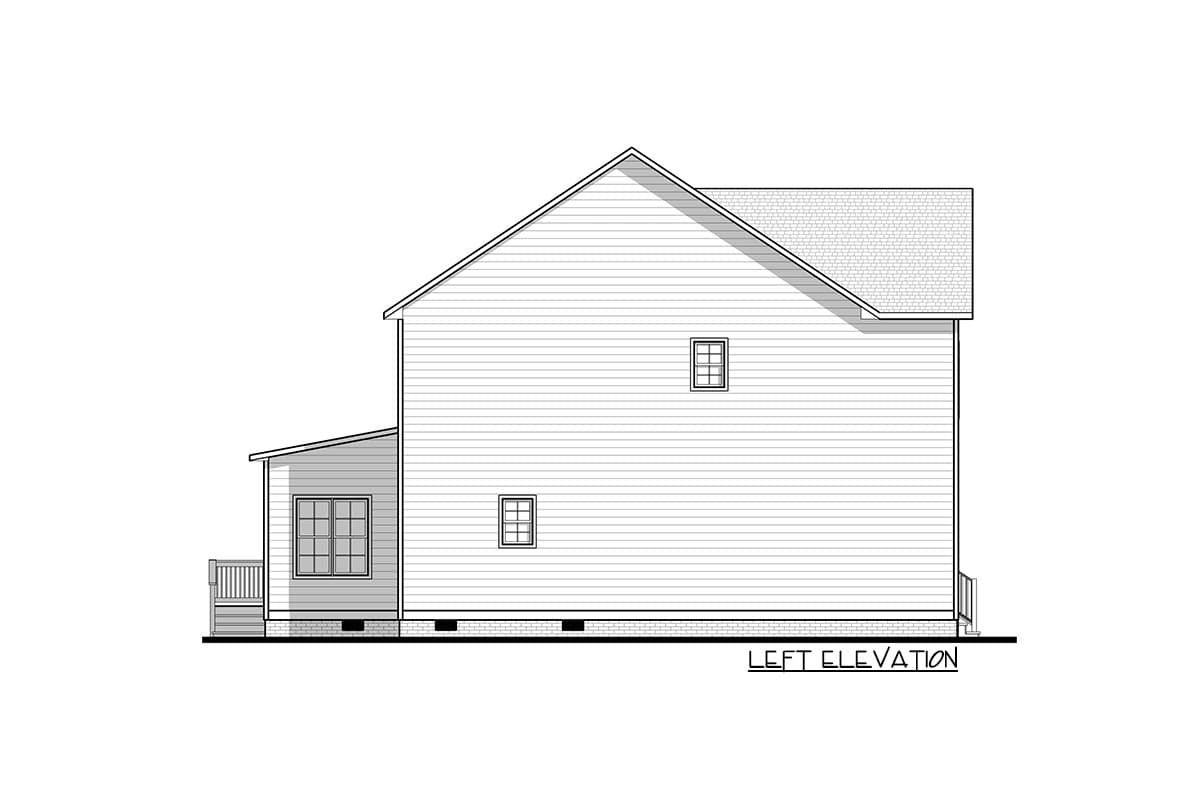Left elevation drawing of a two-story house plan with a lower section featuring a hip roof, windows, and a porch.