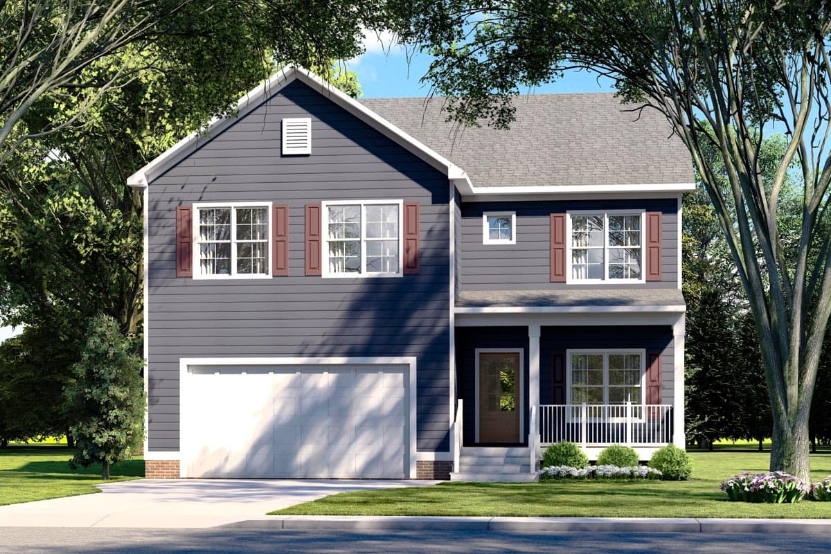 House plan exterior. Two-story home with front porch and attached garage. Features include gabled roof, horizontal siding, and decorative shutters.