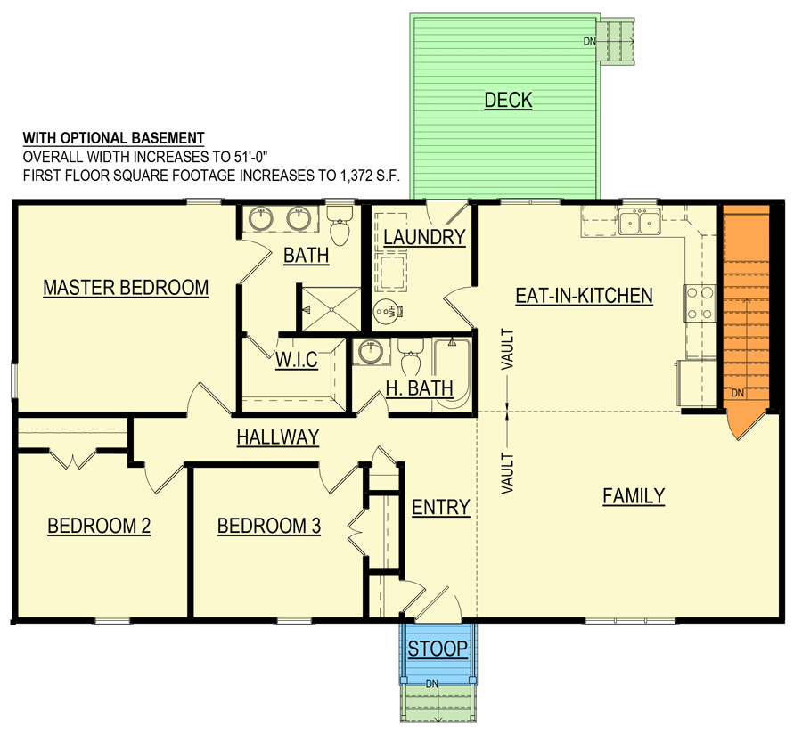 Plan 83646CRW: Expanded 3 Bed Traditional Split Bedroom Ranch House Plan - Floor Plan - Main Level - Basement Stairs - Country, Ranch, Traditional