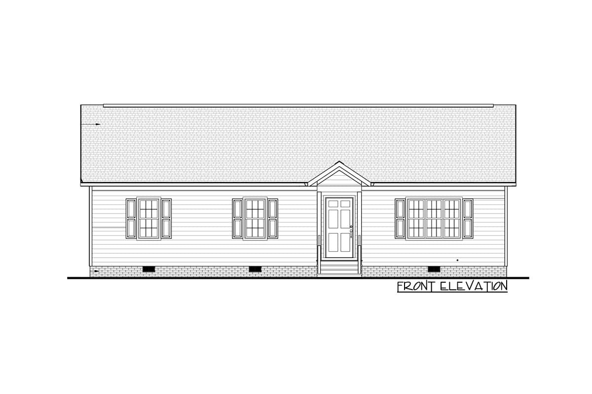 Front elevation drawing of a single-story house with a gabled entry porch, double-hung windows, and horizontal siding.