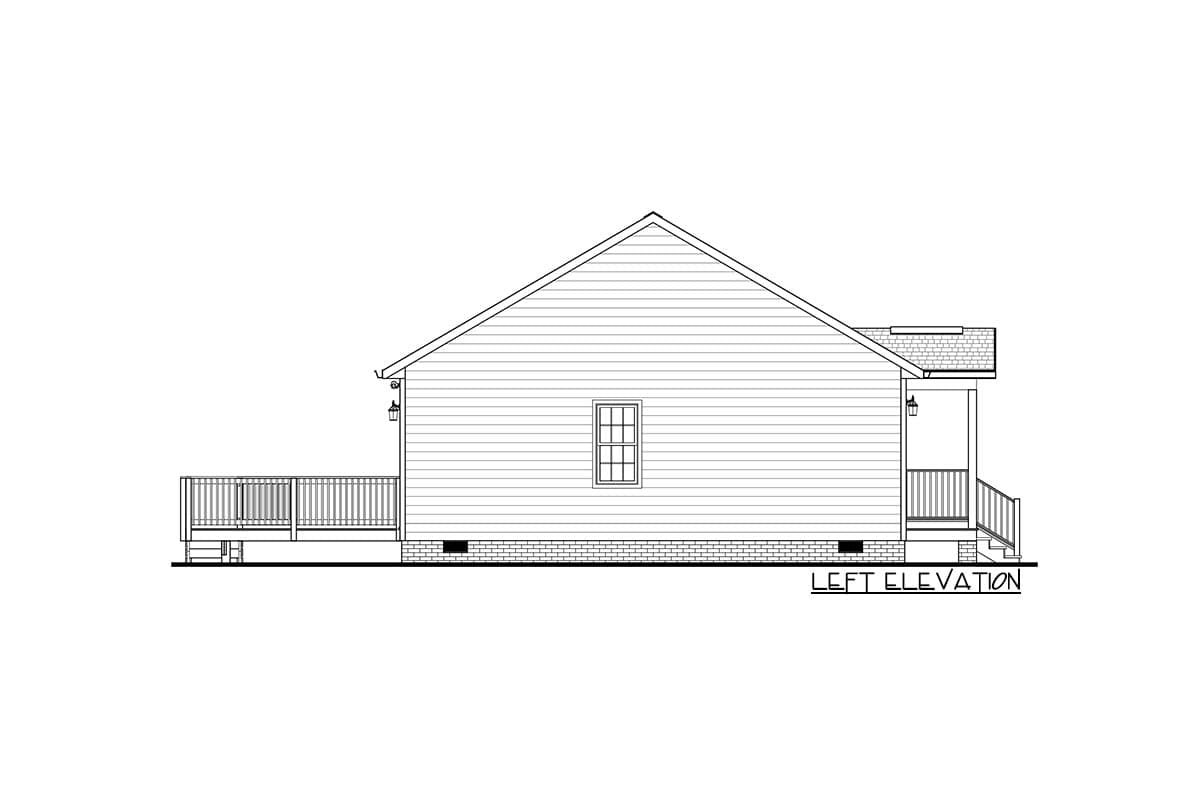 Left elevation of a house plan showing a gabled roof, horizontal siding, a rear deck, and a small front porch with railing.