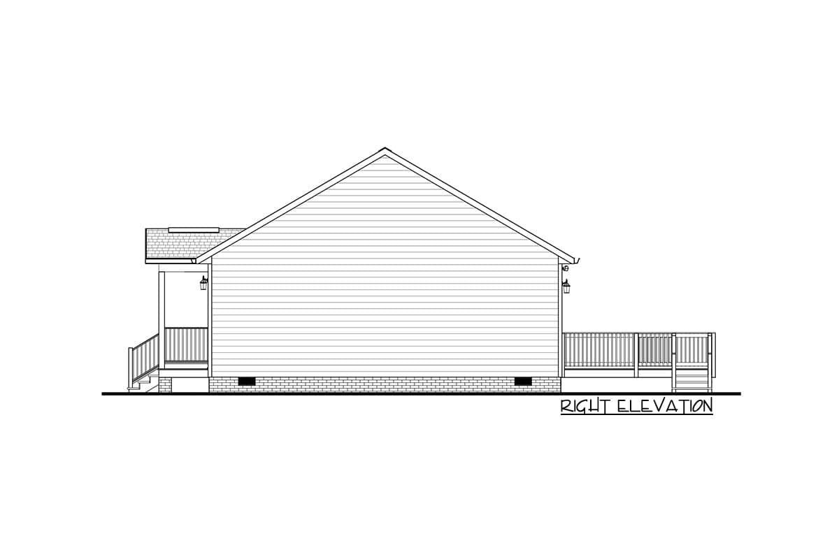Right elevation drawing of a house plan with a gabled roof, a covered porch with railings, and a deck.