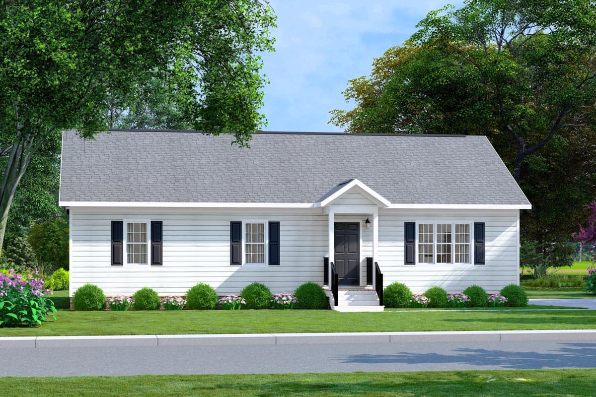 House plan exterior featuring a one-story, Ranch-style home with gabled entry porch, symmetrical window placement, and a simple roofline.