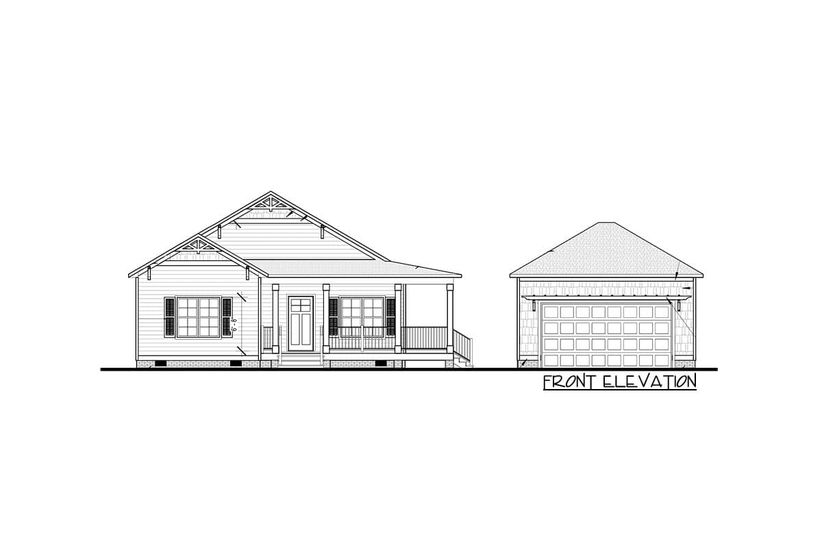 Front elevation house plan for a one-story home with a covered front porch and attached garage.